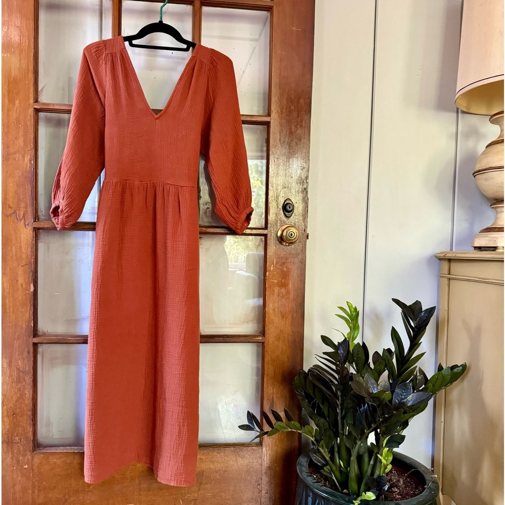 NWT Madewell Lightspun V-Neck Gauze Midi Dress Burnt Clay Orange XSmall